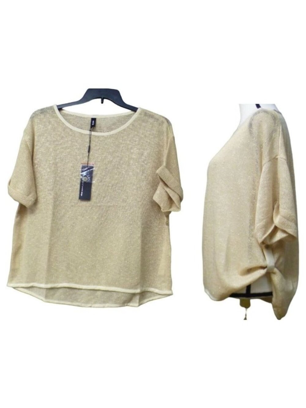UNIQ Women’s Slubbed Texture, Cup Sleeve, Knit Sweater Tunic Top, S, natural